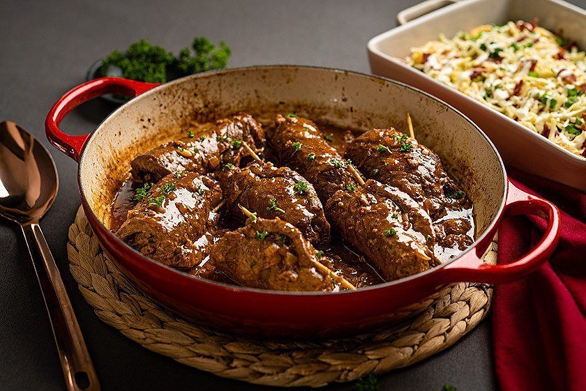 Beef Olives With Roasted Garlic And Caper Mash