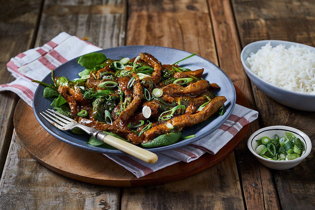 Stir Fried Curried Beef, Rice and Greens