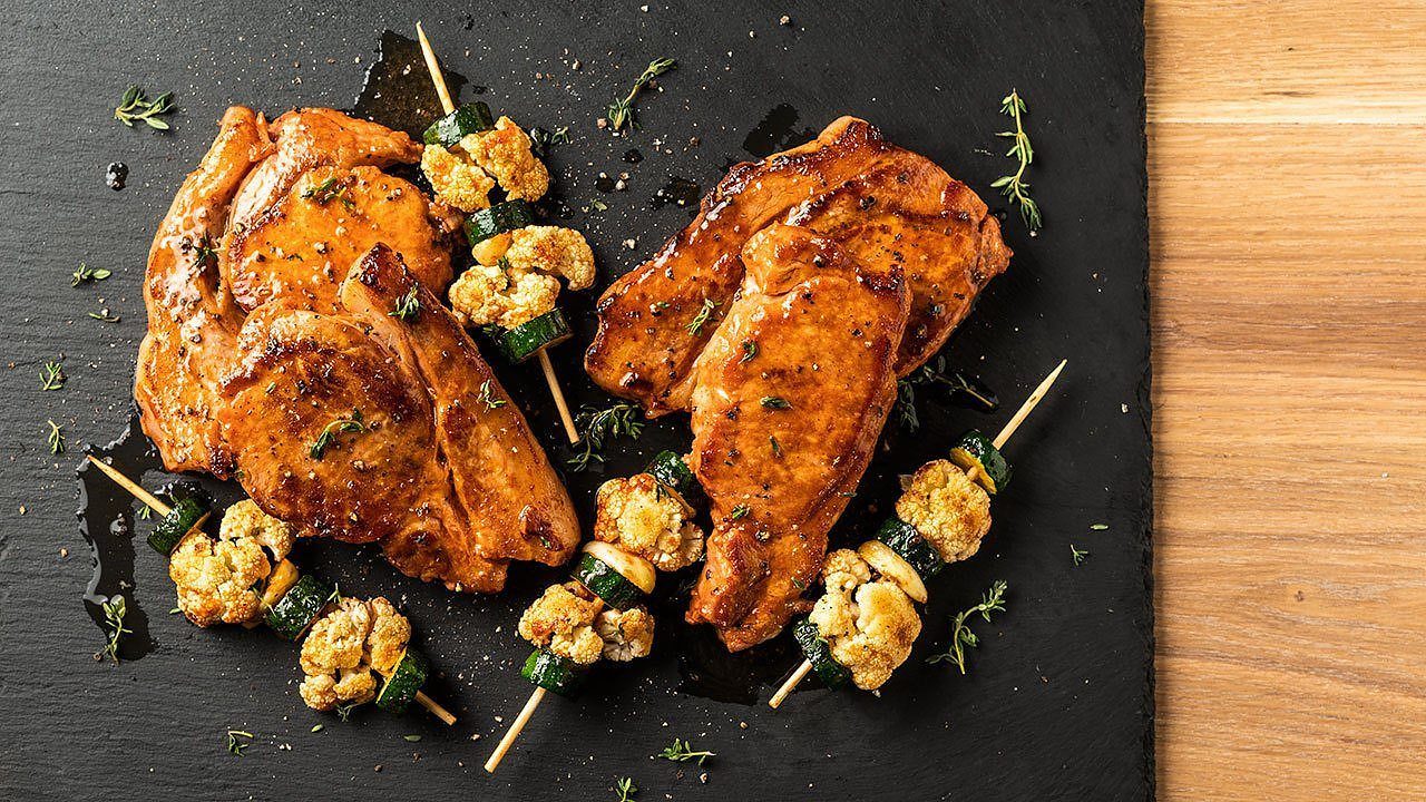 Pork Chops with vegetable skewers