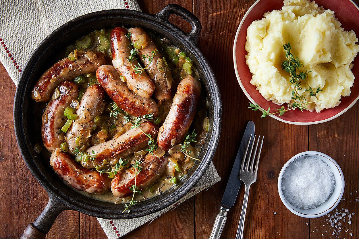 Mushroom Pork Bangers & Creamy Mash